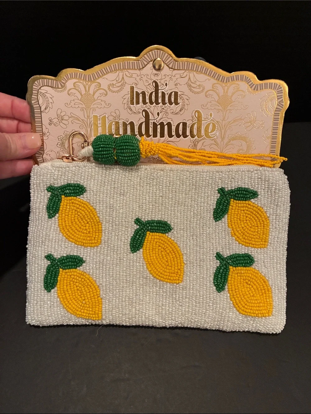 Made in India Handmade White Beaded Lemon 🍋 Pouch - Yellow & Green